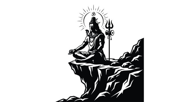 Hindu god Shiva meditating on mountain peak with trident and sun halo