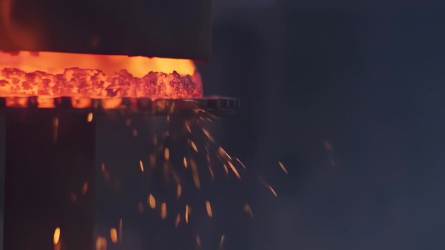 Intense scene of glowing hot metal being shaped with sparks and flames against a dark backdrop