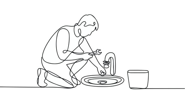 Plumber Kneeling and Fixing a Sink Faucet With a Wrench vector line