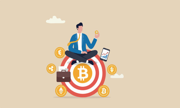  Bitcoin hodl bitcoi for long term investment, crypto investing or believe in Bitcoin independence concept, calm businessman investor relax sitting on Bitcoin