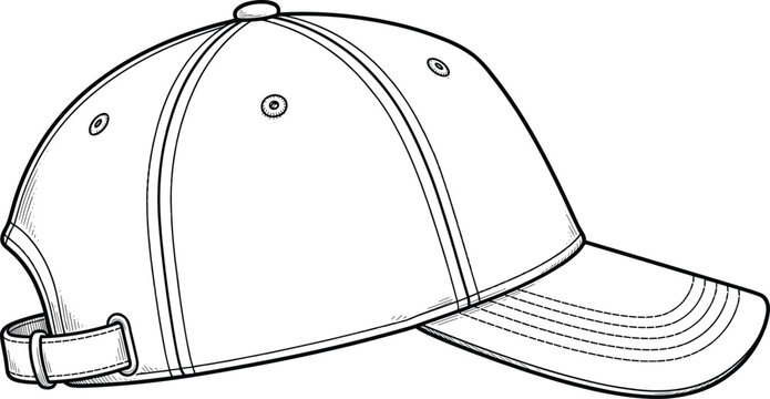 Hand drawn vector illustration of a blank sports baseball cap isolated on a clean white background side view.