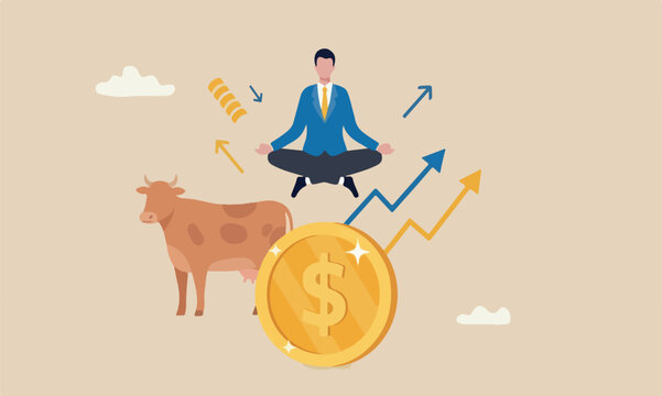 Financial guru or,big mindfulness for wealth management, money and investment advisor concept, smart businessman meditate and floating on big golden money dollar coin