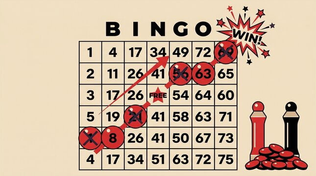 A vintage-style illustration of a Bingo game card with a winning diagonal line of red-circled numbers and a 'WIN!' burst, alongside game markers and chips.