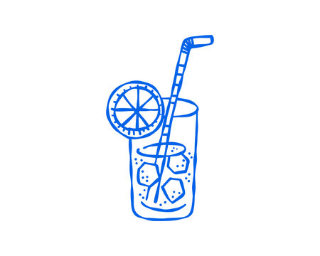 Hand drawn blue outline tropical drink with citrus slices and straw, refreshing summer beverage icon for menus and vacation designs