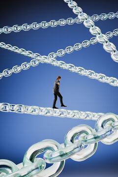 Businessman Balancing on Glass Chain 3D Risk Concept