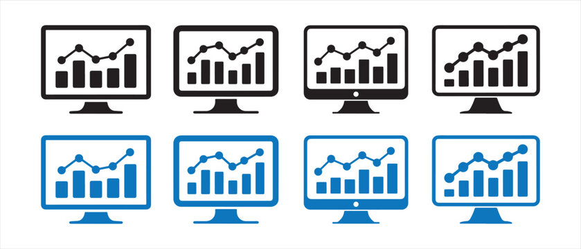 Set of computer monitor icons showing business financial growth charts and analytical data graphs in black and blue colors.