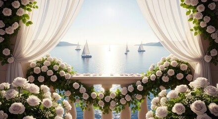 Fototapeta premium Romantic balcony with white roses and sunset sea view.