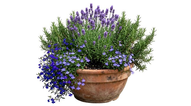 A terracotta pot filled with blooming lavender and cascading blue flowers.
