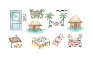 Obraz premium Honeymoon vacation elements including resort, beach bungalow, and romantic getaway symbols