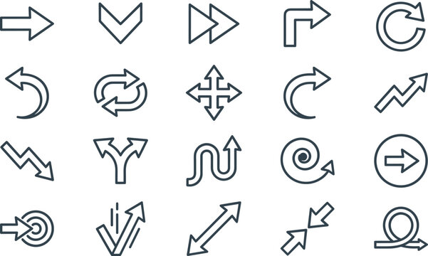 Arrow sign direction indicator cursor icons set vector illustration featuring linear graphic navigation pointer choice movement elements.