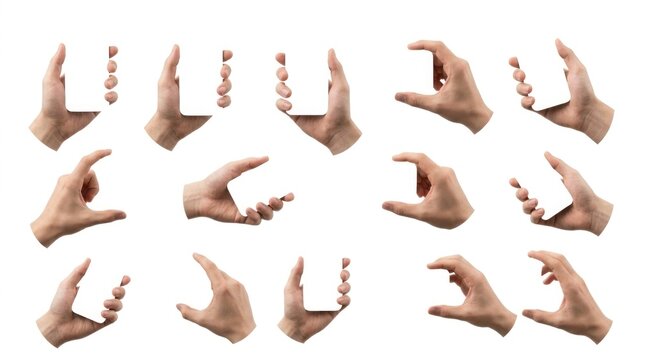 Set of hands gesturing to hold invisible items showing different gripping postures with invisible isolated interaction