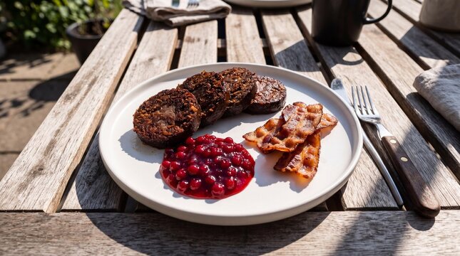 Traditional Swedish blood pudding served with lingonberry jam and crispy bacon