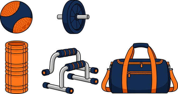 Fitness and Home Workout Gym Gear Set Featuring Duffel Bag Push Up Bars Foam Roller Ab Wheel and Medicine Ball Vector Illustration