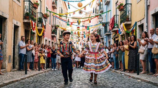 Happy children dancing at Festa de Santo Antonio street festival in Lisbon.