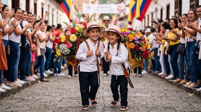 Joyful children carrying flower silletas in Medellin Flower Festival parade.