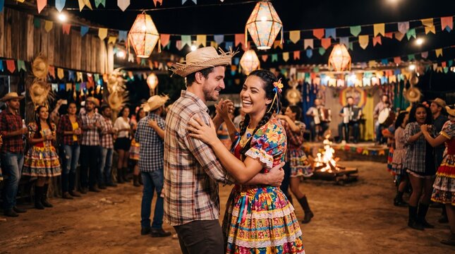 Smiling couple dancing traditional forr&oacute; at a festive Brazilian June party.