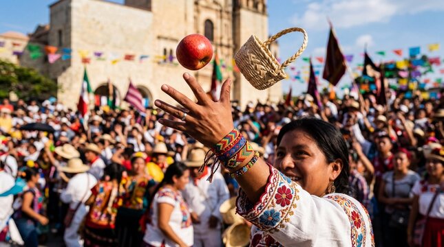 Oaxaca Zapotec woman throwing fruit at the festive Guelaguetza celebration