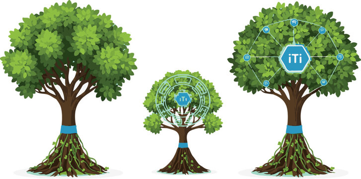 Green data tree concept vector illustration with digital network connection nodes and growing roots art