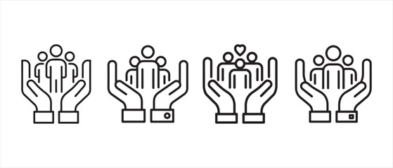 Obraz premium Set of line icons showing people protected in human hands representing insurance care and support.
