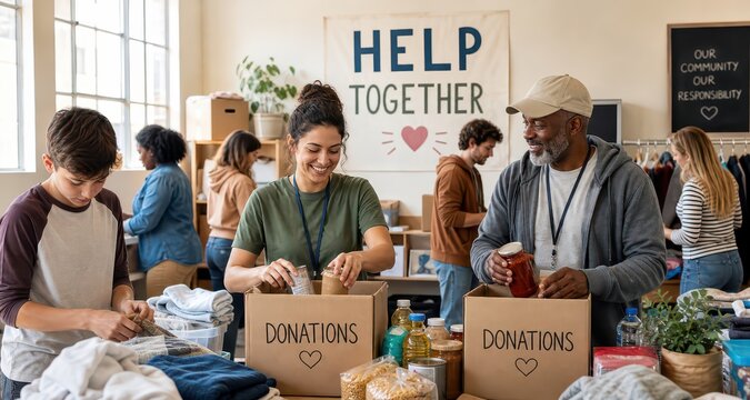 Volunteers happily sort and pack donated items in a community center to support those in need.