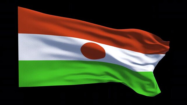 Professional animation of the Niger flag waving in the wind, ideal for African news, travel content, cultural presentations, education, web banner use, and national holiday visuals.