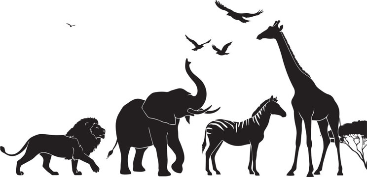Safari animal silhouettes on white background with lion, elephant, giraffe, zebra, birds in profile view for design