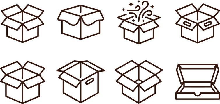 Open cardboard box icons set vector illustration featuring linear shipping packaging delivery elements for commerce design.