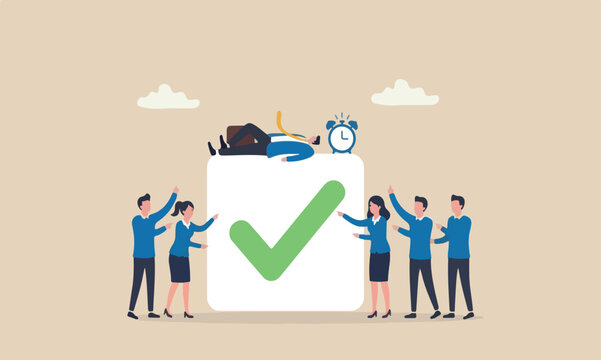  completed productivit design with clean lines and minimal shading red big bullseye target concept, businessman relax sleep on complete checkbox with alarm clock