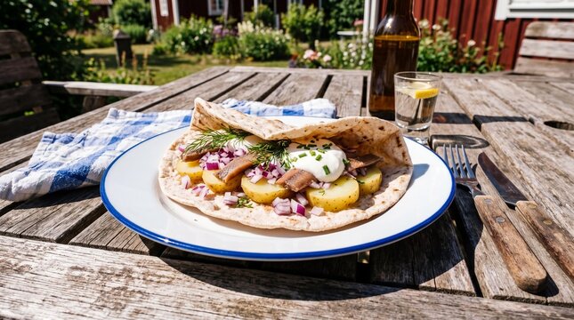 Traditional Swedish surstromming sandwich on flatbread served outdoors in summer