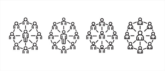 Fototapeta premium Set of social network icons showing people connected to a central person representing teamwork and leadership.