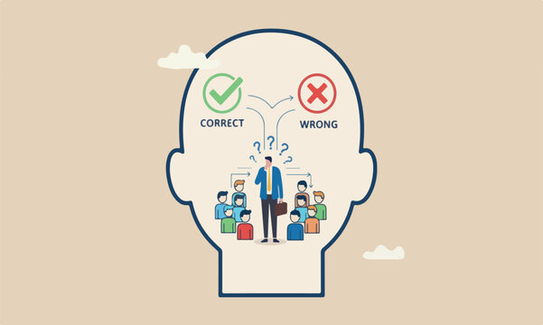 Decision incorrect problem, critical thinking, decide and dilemma concept, businessman in his head making decision right or wrong