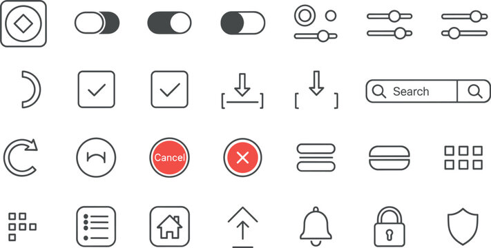 User interface UI icon set with navigation menu button toggle search bar outline linear vector illustration