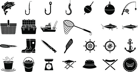 Fishing equipment icon set with hook rod tackle box boat net fish bait silhouette vector illustration © MdNipon