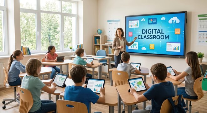 A teacher instructs young students using tablets and a digital board in a modern, bright classroom.