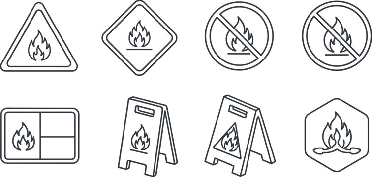 Fire hazard warning sign icon set with flammable caution danger prohibition floor stand notice outline vector illustration