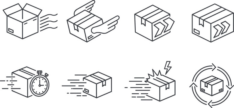 Fast delivery shipping box icon set for express logistics package distribution transportation service outline vector illustration