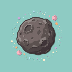A dark cratered asteroid floats in a soft pastel space scene © Britt