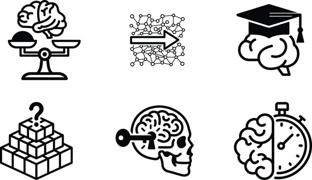 Black and white line icons of business and education concepts with brain and clock
