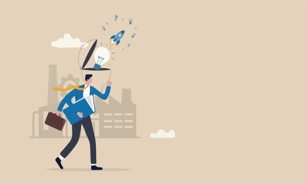 Open minded industrial, start, begin project, discover or release project concept, human head open mind and launch rocket