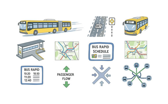 Bus rapid transit system elements and concepts illustrated in a cartoon style