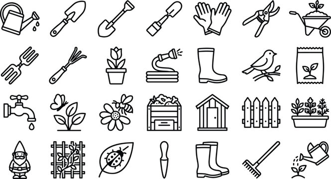 Gardening and agriculture line icon set featuring shovel watering can wheelbarrow boots plants tools flower fence gnome and backyard farming vector elements.