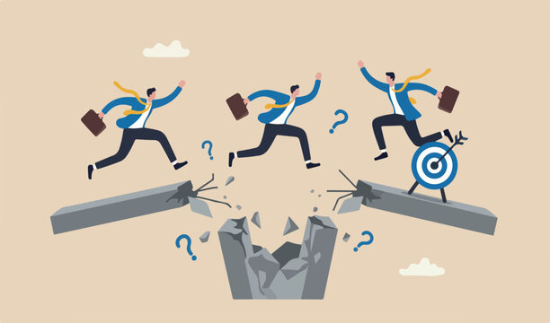 Survive and success in crisis, businessman jumping on collapse bridge to reach target business man team brige on blue to coll red to terget
