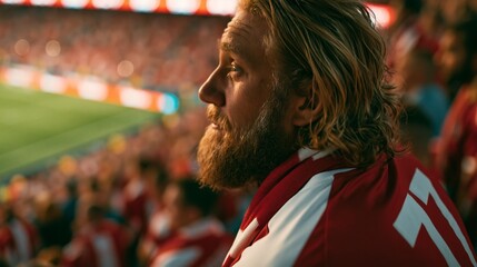 Obraz premium Closeup of an Austria supporter in a red and white jersey with a number on the back focused on the exciting soccer match unfolding on the field.