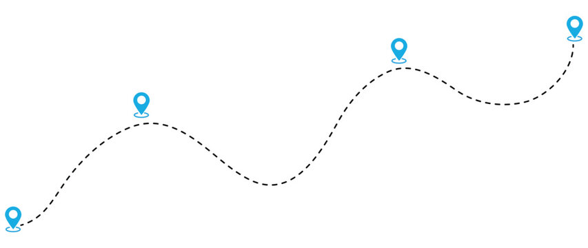 route icon between 4 points with dotted path and location pin. isolated on white background.Route location icon two pin sign and dotted line.