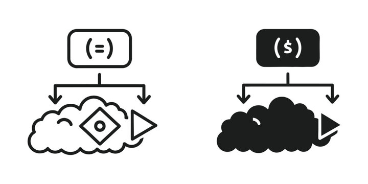 Business concept equal sign and dollar sign over cloud flowcharts in outline and solid styles