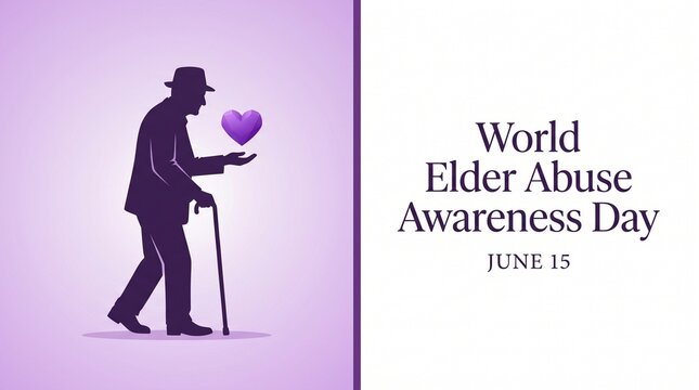 World elder abuse awareness day june 15 banner with silhouette of an elderly woman with a cane and a heart
