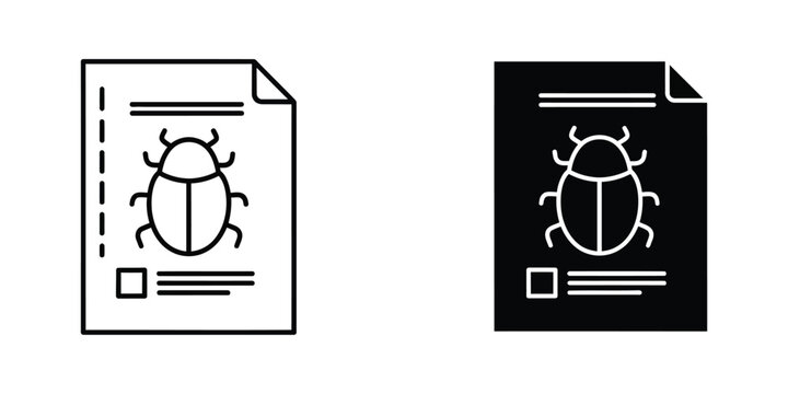 Computer bug icon on document outline and filled silhouette for software debugging concept