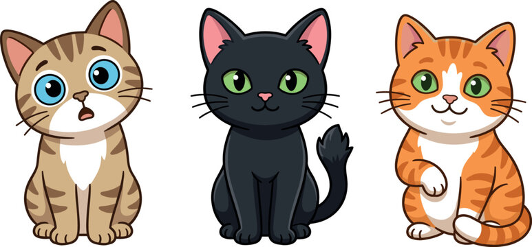 Cute Chibi Cartoon Kitten Character Vector Set Featuring Adorable Sitting Tabby Black and Ginger Cats with Big Eyes