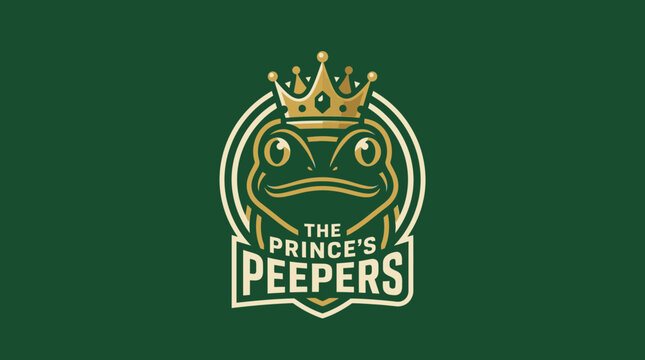 Gold line art frog prince logo for sports branding.