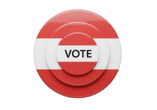 Red and white vote button with a check mark isolated on transparent background